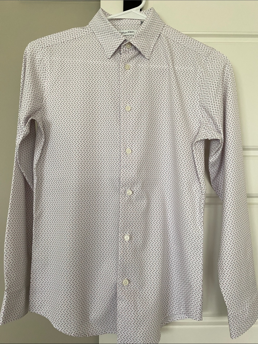 Calvin Klein Boy’s White Button-Down Shirt with Navy and Maroon Micro Dot Print